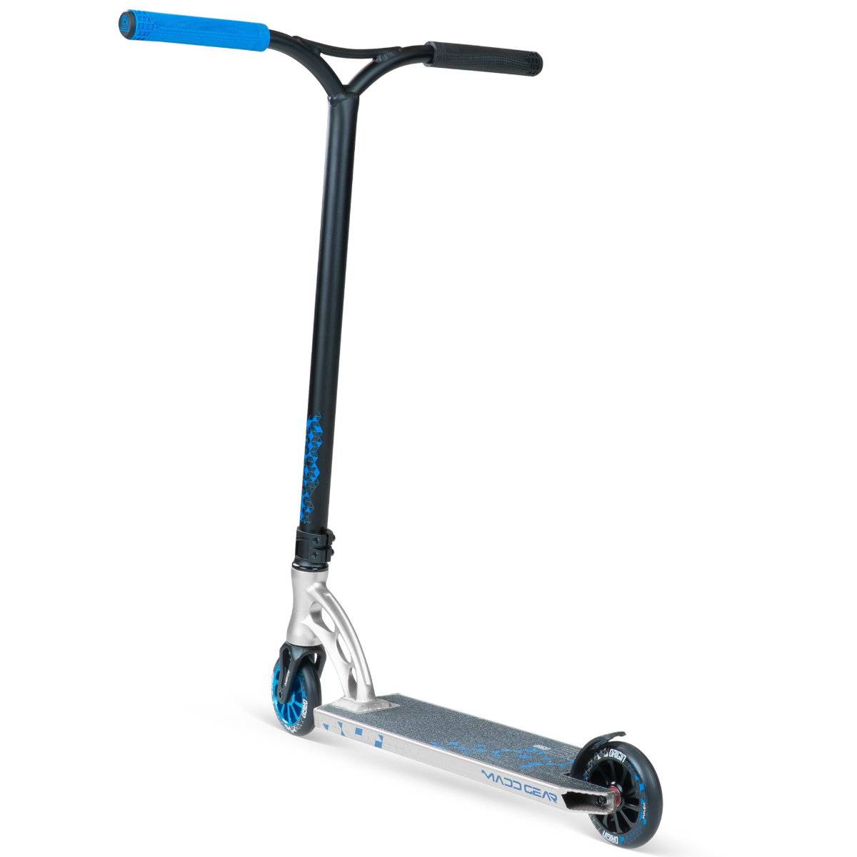 A Madd Gear (MGP) VX Origin IV 500 Complete Stunt Scooter - Scalene, with a silver deck, black handlebars, blue grip tape and hand grips, and blue-accented wheels, shown on a white background.