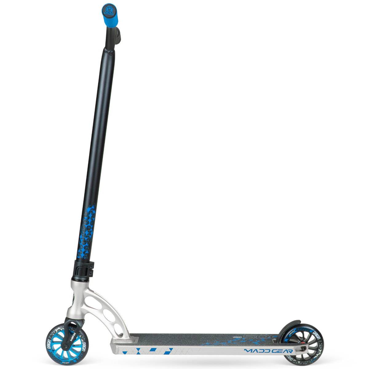 The Madd Gear (MGP) VX Origin IV 500 Complete Stunt Scooter - Scalene is shown side-on against a white background, featuring a silver deck with blue and black accents, blue wheels, and a black handlebar.