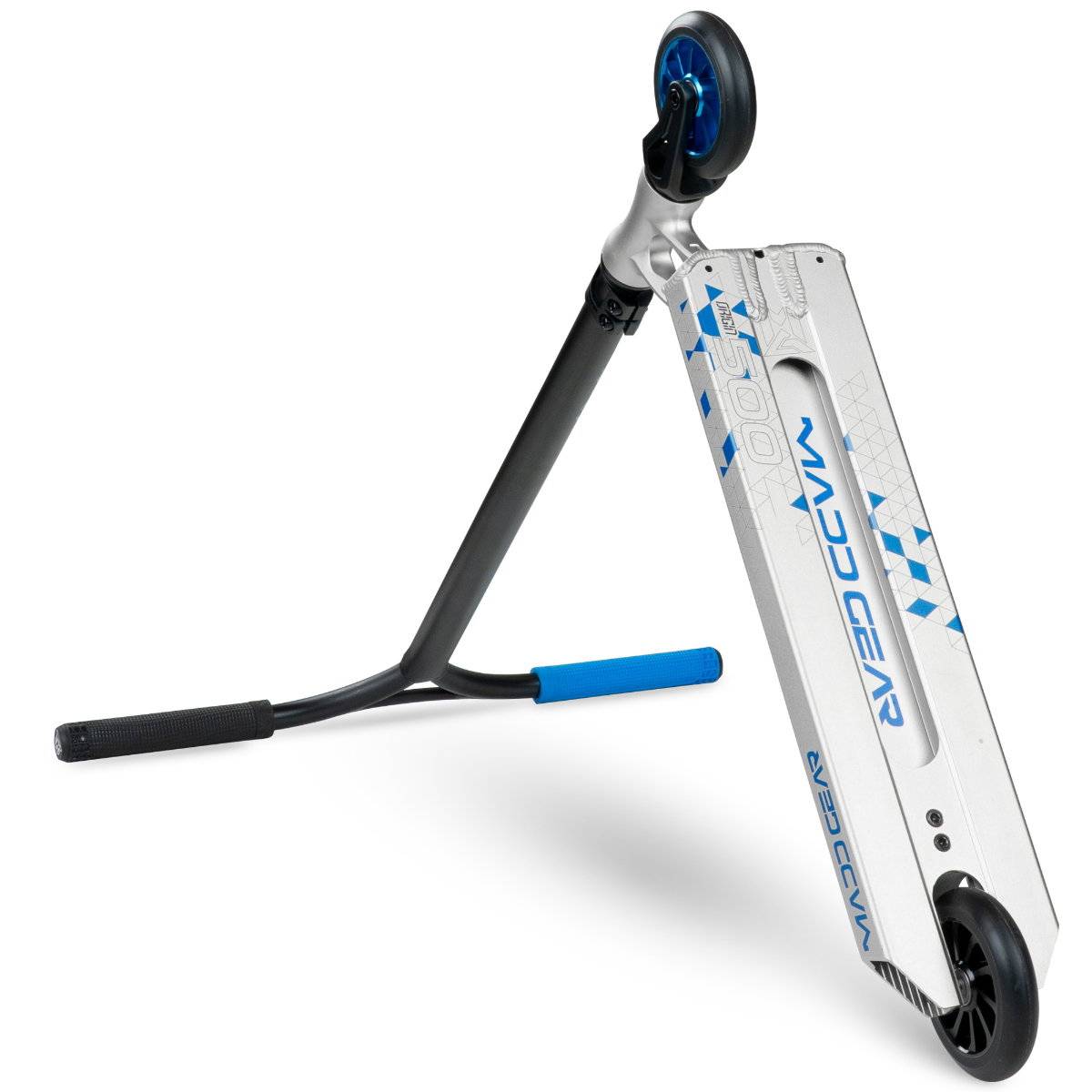 The Madd Gear MGP VX Origin IV 500 Complete Stunt Scooter - Scalene is shown tilted, revealing its geometric deck design, branding, blue wheel, and black handlebars with blue grip tape.