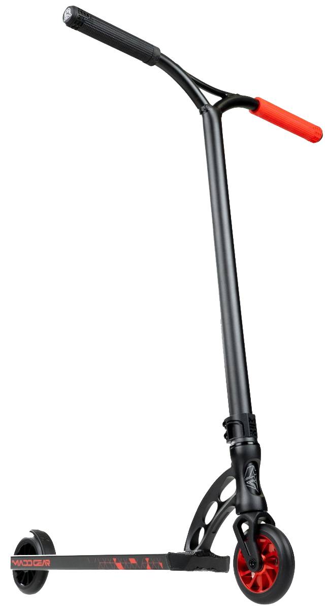 The Madd Gear (MGP) MGP VX Origin IV 500 Complete Stunt Scooter - Trigon features a black deck and handlebar, red grip on one handle, and a red front wheel, displayed against a white background.