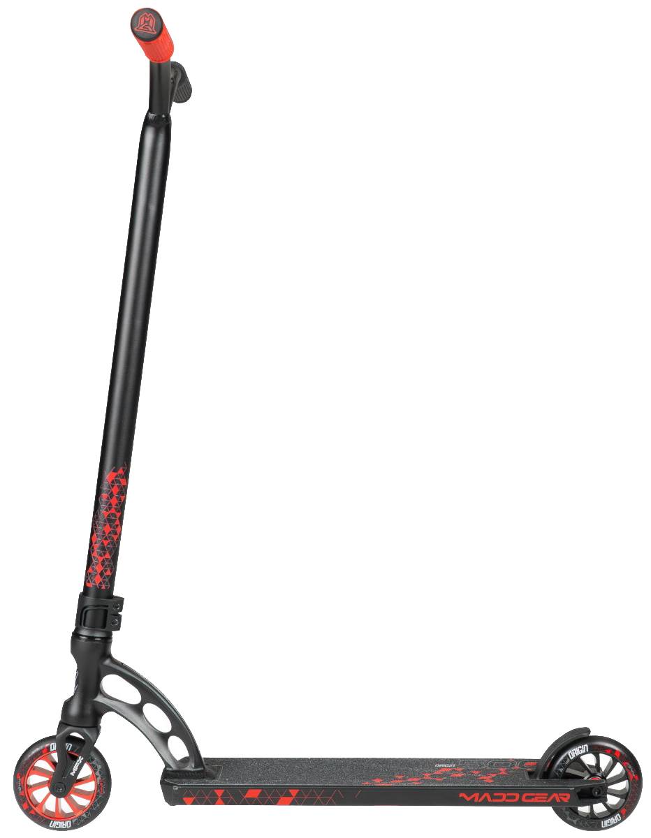 A Madd Gear (MGP) VX Origin IV 500 Complete Stunt Scooter - Trigon in black and red, featuring a single front and rear wheel, a long handlebar, and a textured deck labeled "Madd Gear.