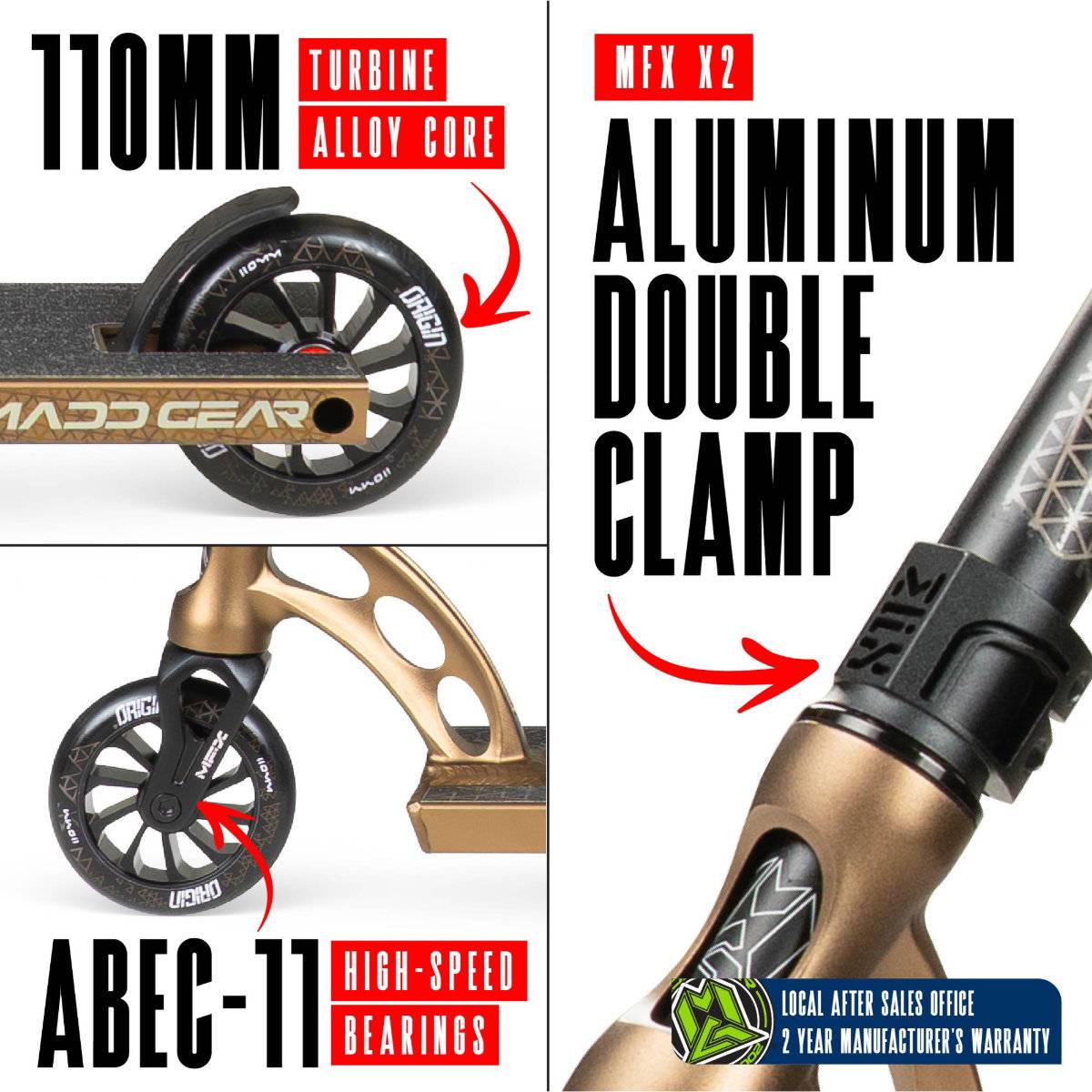Composite image featuring the Madd Gear (MGP) VX Origin IV 550 Complete Stunt Scooter in Antique Brass with 110mm turbine alloy wheels, MFX X2 double clamp, ABEC-11 bearings—ideal for park riders. Includes local after sales office and 2-year warranty.
