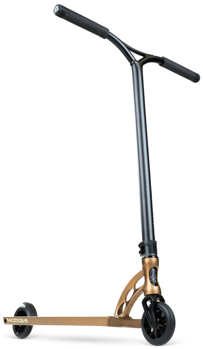The MGP VX Origin IV 550 Complete Stunt Scooter in Antique Brass by Madd Gear features a tall handlebar, black grips, two black wheels, and a stylish gold deck—ideal for the park.