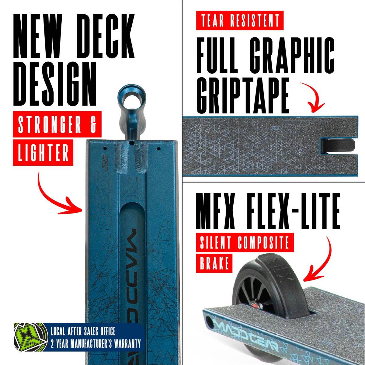 Split image of the Madd Gear (MGP) VX Origin IV 550 Complete Stunt Scooter - Denim with text: "Stronger, Lighter Deck," "Full Graphic, Tear-Resistant Griptape," "Silent Flex-Lite Brake." Perfect for park riders. 2-year warranty.