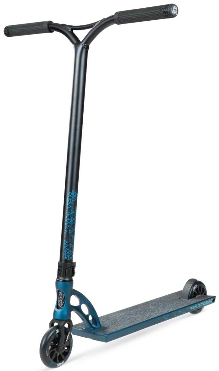 The Madd Gear MGP VX Origin IV 550 Complete Stunt Scooter in Denim features a black and blue design, T-bar handle, textured foot deck, and two small wheels—ideal for park riders. Angled against a white background with a modern look.
