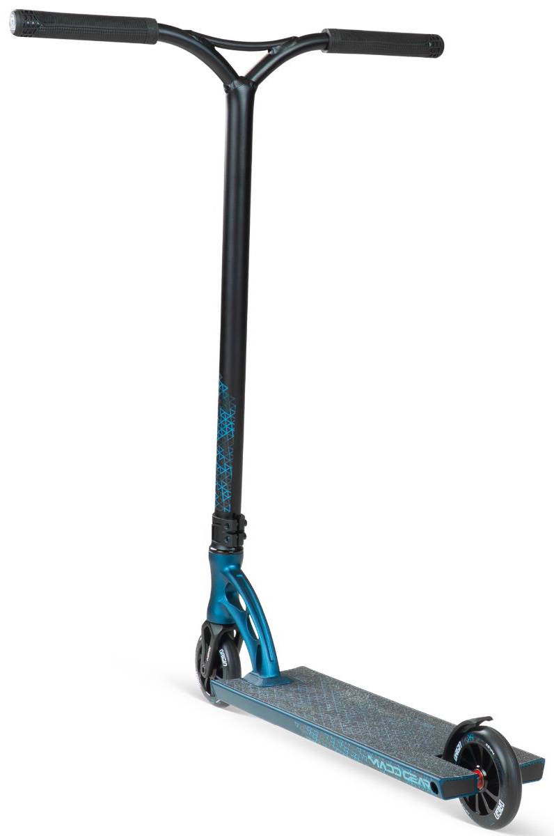 The Madd Gear (MGP) VX Origin IV 550 Complete Stunt Scooter in Denim features a T-bar handle, small wheels, and a textured deck—ideal for park riders—displayed on a plain white background.