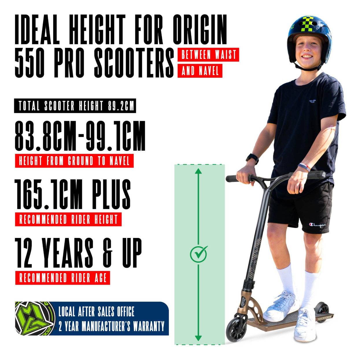 A boy in a helmet holds the Madd Gear (MGP) VX Origin IV 550 Complete Stunt Scooter - Rust. Text highlights its wide deck, ideal height (83.8–99.1cm), for riders 165.1cm+ and ages 12+. A diagram shows scooter height from ground to navel.