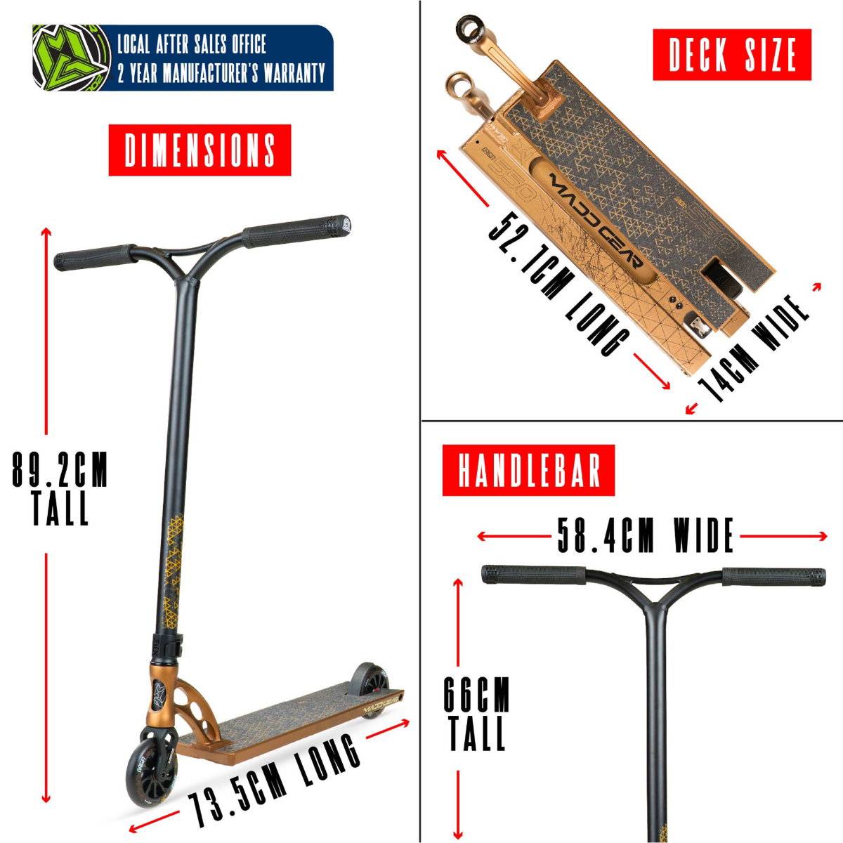 Collage featuring the Madd Gear (MGP) VX Origin IV 550 Complete Stunt Scooter in Rust, measuring 89.2cm tall, 73.5cm long, with a 52.1x14cm deck and 58.4x66cm handlebars—ideal for park riders. Warranty info included in box.