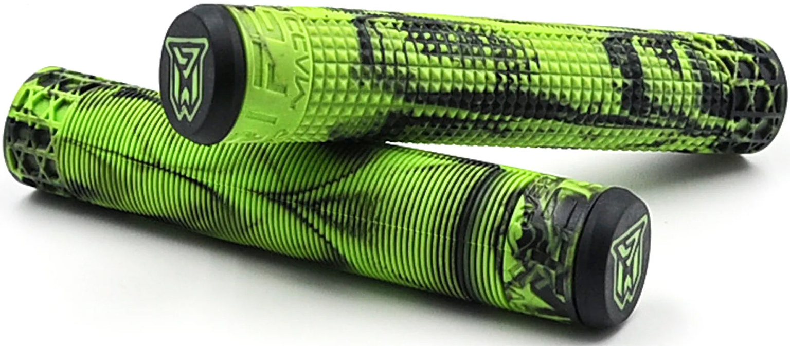 Two Madd Gear MGP Trifecta Lime / Black Stunt Scooter Grips, each measuring 150mm and featuring green and black textured patterns with the Madd Gear logo on the end caps, are displayed parallel to each other on a white background. Ideal for both bikes and scooters, these grips provide superior comfort and style as high-quality stunt scooter accessories.