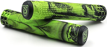 Two Madd Gear MGP Trifecta Lime / Black Stunt Scooter Grips, each measuring 150mm and featuring green and black textured patterns with the Madd Gear logo on the end caps, are displayed parallel to each other on a white background. Ideal for both bikes and scooters, these grips provide superior comfort and style as high-quality stunt scooter accessories.