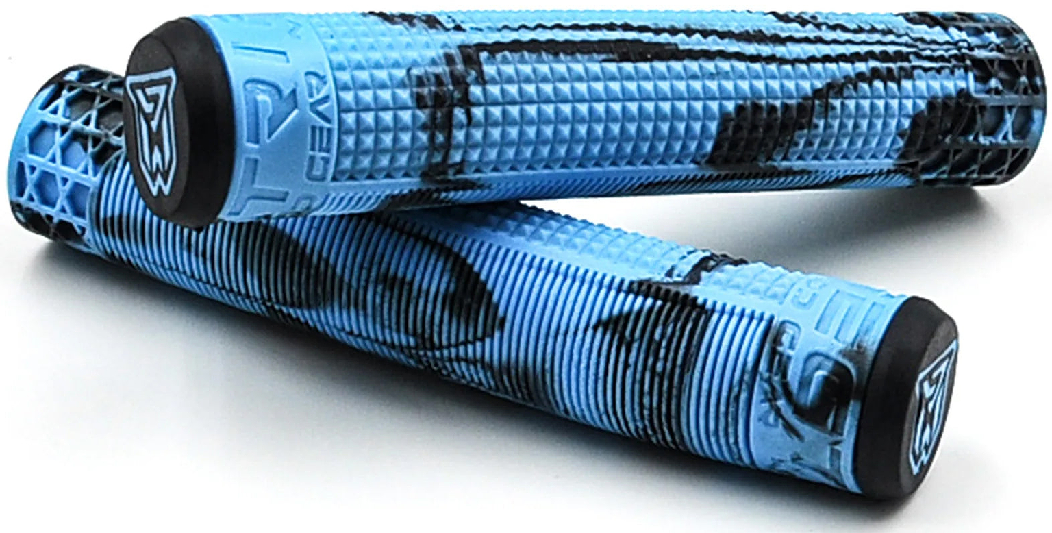 Two Madd Gear (MGP) Trifecta Blue / Black Stunt Scooter Grips, each 150mm long and featuring a textured surface, are crossed over each other on a white background.
