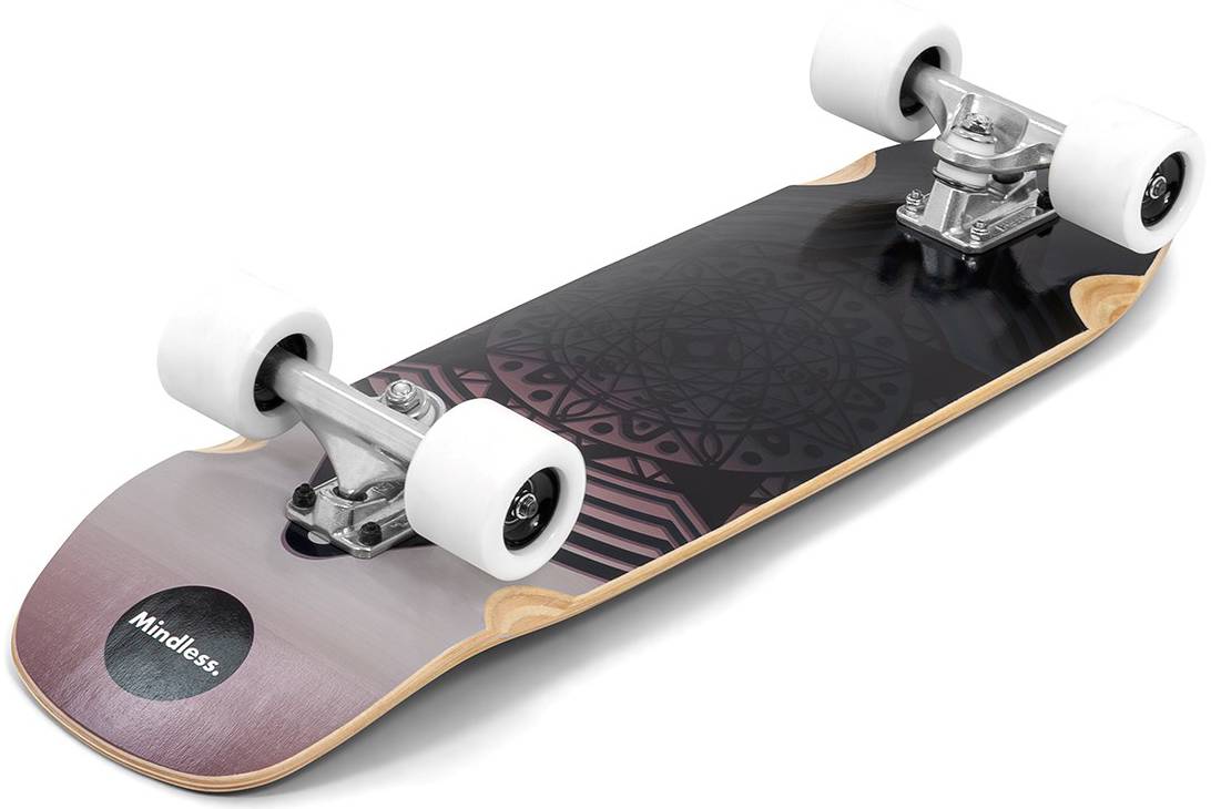 The Mindless Drifter Cruiser Skateboard 28″ x 8″ - Black features white wheels, silver trucks, a black deck with a geometric mandala design, and “Mindless” on the wood near the front.