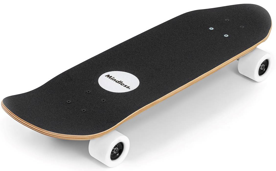The Mindless Drifter Cruiser Skateboard 28″ x 8″ - Black features white wheels, a wood-edged black deck, and grip tape with a front white circle and “Mindless,” shown on a white background.