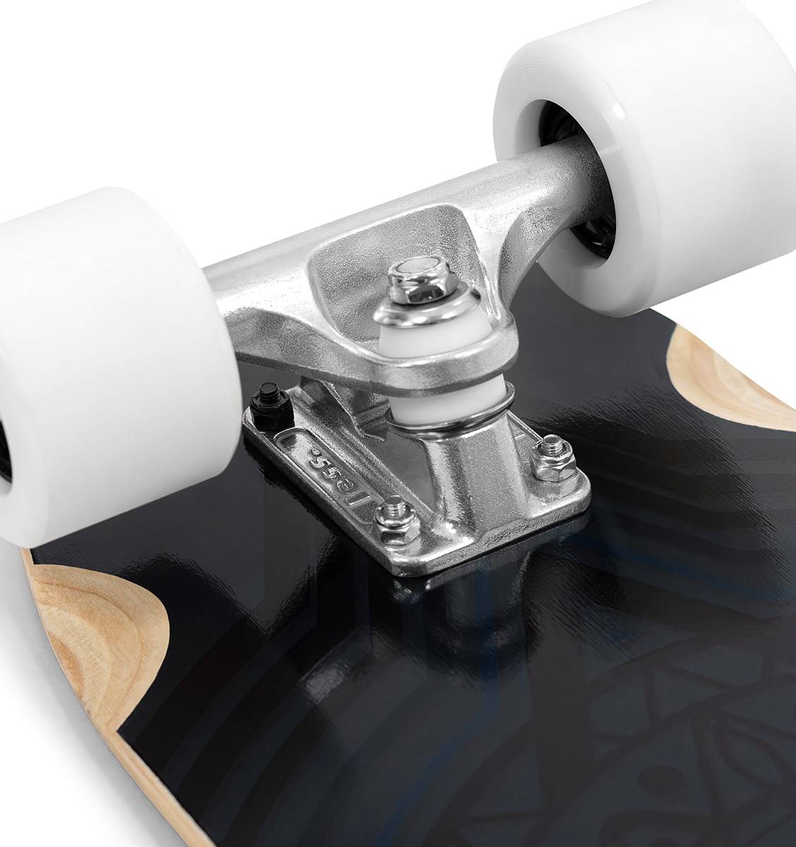 Close-up of the Mindless Drifter Cruiser Skateboard 28″ x 8″ - Black, showing its white wheels, sturdy metal trucks, and glossy black and wood-finish deck—perfect for urban commuting by Mindless.