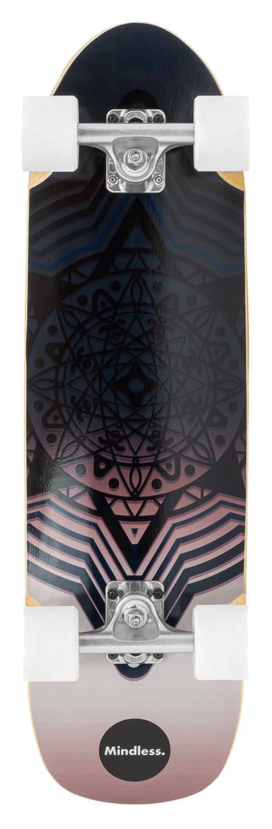 The Mindless Drifter Cruiser Skateboard 28″ x 8″ - Black features white wheels and trucks, with a geometric mandala design in black, purple, and pink. “Mindless.” is printed near the tail.