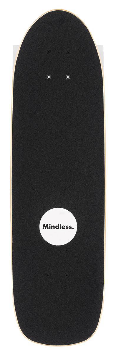 The Mindless Drifter Cruiser Skateboard 28″ x 8″ - Black features a white circle with “Mindless.” branding, grip tape, and pre-drilled truck holes—perfect for urban commuting.
