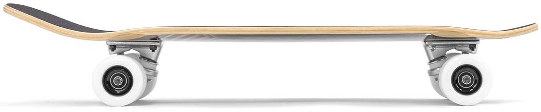 Side view of the Mindless Drifter Cruiser Skateboard 28″ x 8″ - Black, featuring a wooden deck, white wheels, silver trucks, and an upward curve on both ends.