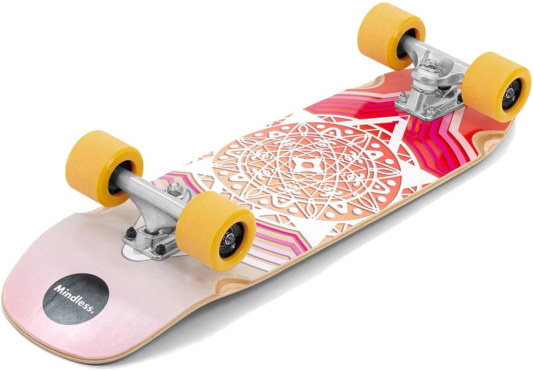 The Mindless Drifter Cruiser Skateboard 28″ x 8″ - Orange features yellow wheels, silver trucks, and a vibrant mandala deck design with “Mindless” near the tail.