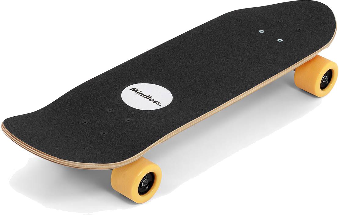 The Mindless Drifter Cruiser Skateboard 28″ x 8″ - Orange features yellow wheels, a wooden edge, and a white circular “Mindless” logo on its grip tape—ideal as an urban cruiser shortboard.
