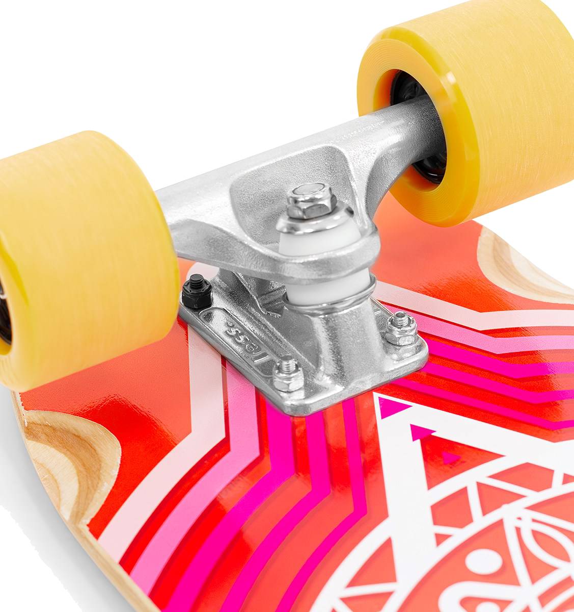 Close-up of a skateboard truck and yellow wheels on the Mindless Drifter Cruiser Skateboard 28″ x 8″ - Orange, featuring a vibrant geometric deck—ideal for urban cruiser fans.