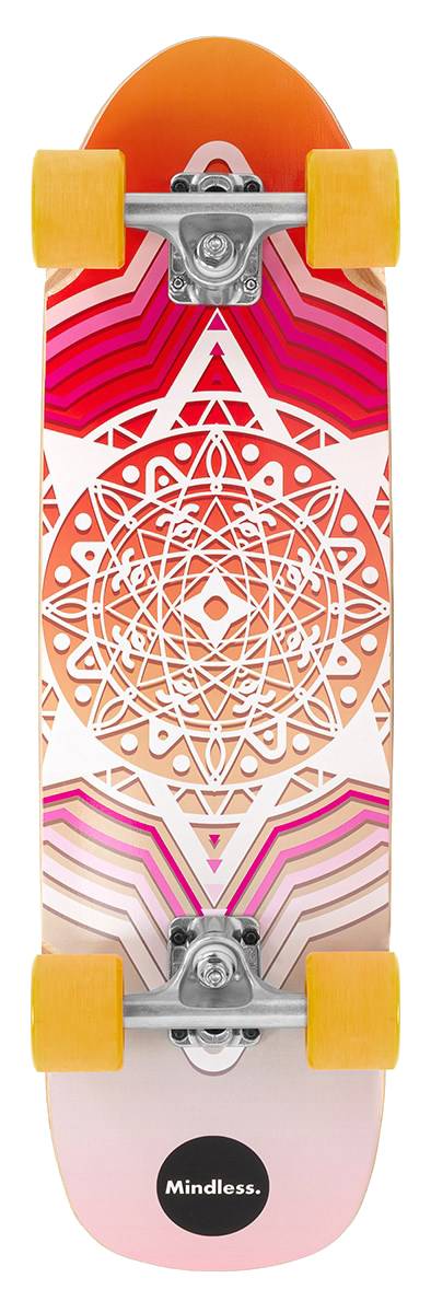 The Mindless Drifter Cruiser Skateboard 28″ x 8″ - Orange features yellow wheels and a pink, orange, and white geometric mandala design on the deck with “Mindless.” near the bottom.