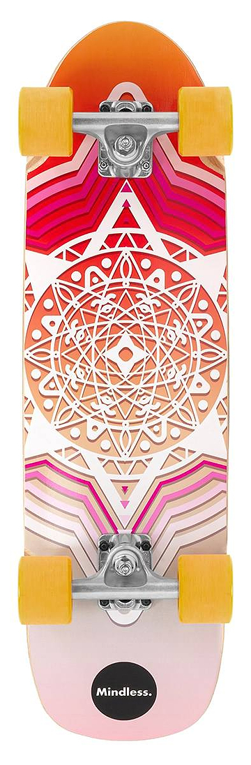 The Mindless Drifter Cruiser Skateboard 28″ x 8″ - Orange features yellow wheels and a pink, orange, and white geometric mandala design on the deck with “Mindless.” near the bottom.