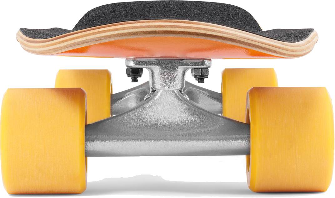 Close-up, low-angle view of the Mindless Drifter Cruiser Skateboard 28″ x 8″ - Orange featuring yellow wheels, metal trucks, and a wooden deck with black grip tape, isolated on white.