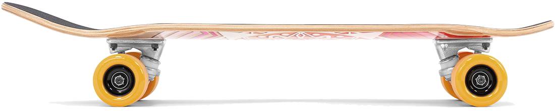 A side view of the Mindless Drifter Cruiser Skateboard 28″ x 8″ - Orange with yellow wheels, metal trucks, and a patterned wooden deck—ideal for urban cruising.