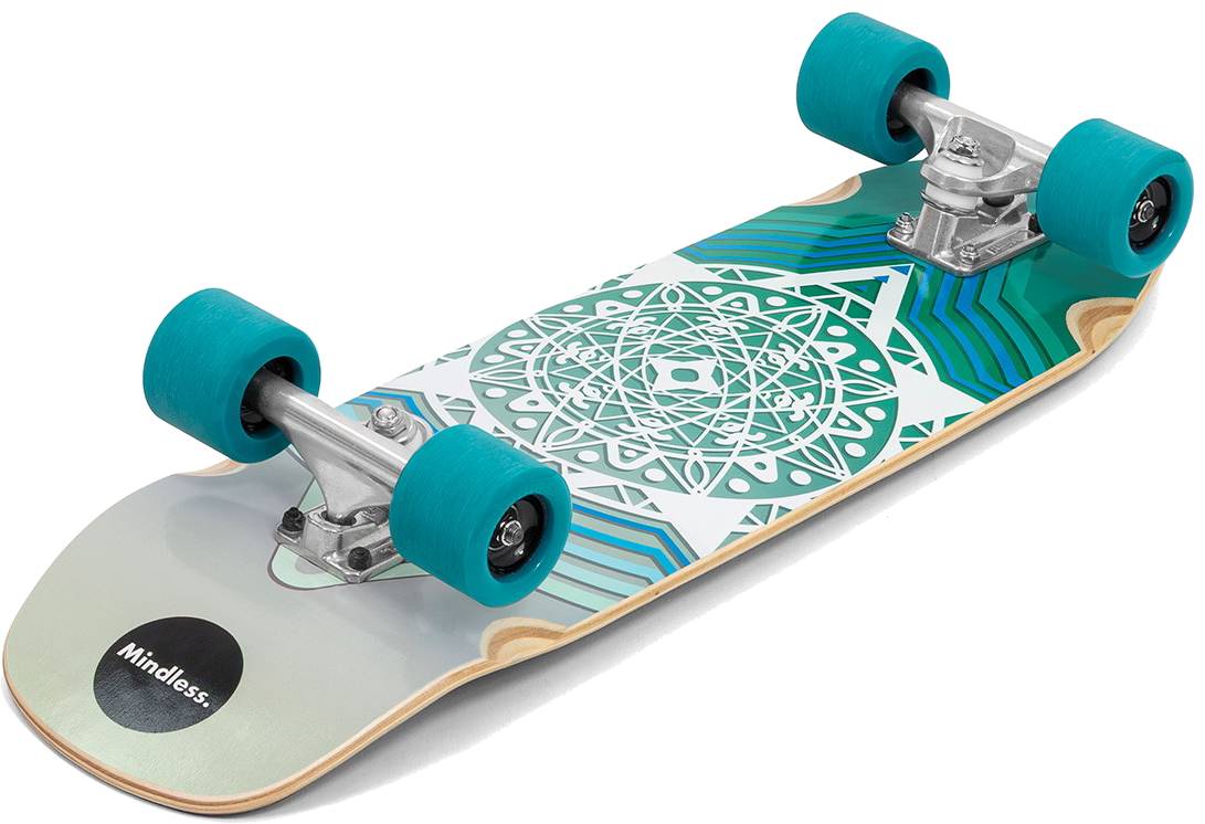 The Mindless Drifter Cruiser Skateboard 28″ x 8″ - Teal features teal wheels and a light gray deck with geometric mandala patterns and the “Mindless” logo near the tail for an urban cruiser vibe.