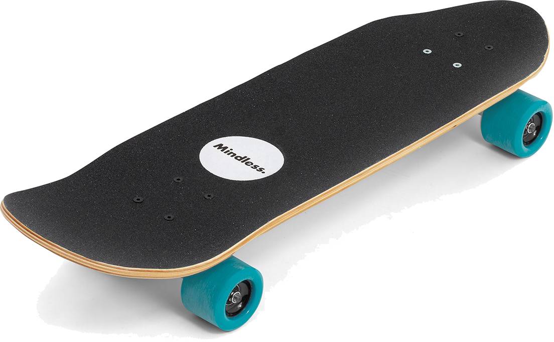 The Mindless Drifter Cruiser Skateboard 28″ x 8″ - Teal features a black deck with teal wheels and a white “Mindless” logo, shown from a side angle—ideal for urban cruising or shortboarding.