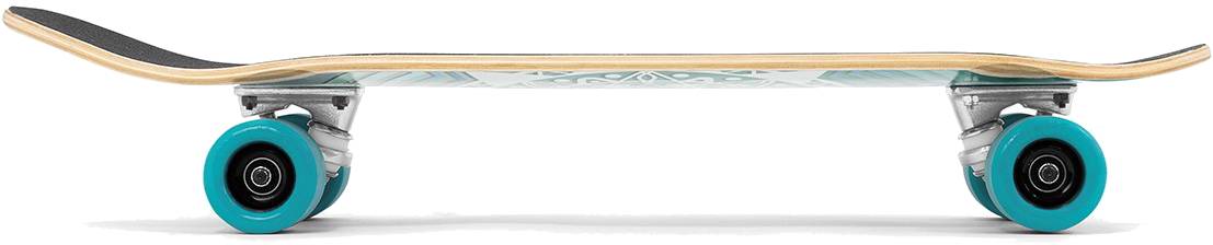 A side view of the Mindless Drifter Cruiser Skateboard 28″ x 8″ - Teal shows teal wheels, silver trucks, and a wooden deck with subtle decorative graphics underneath.