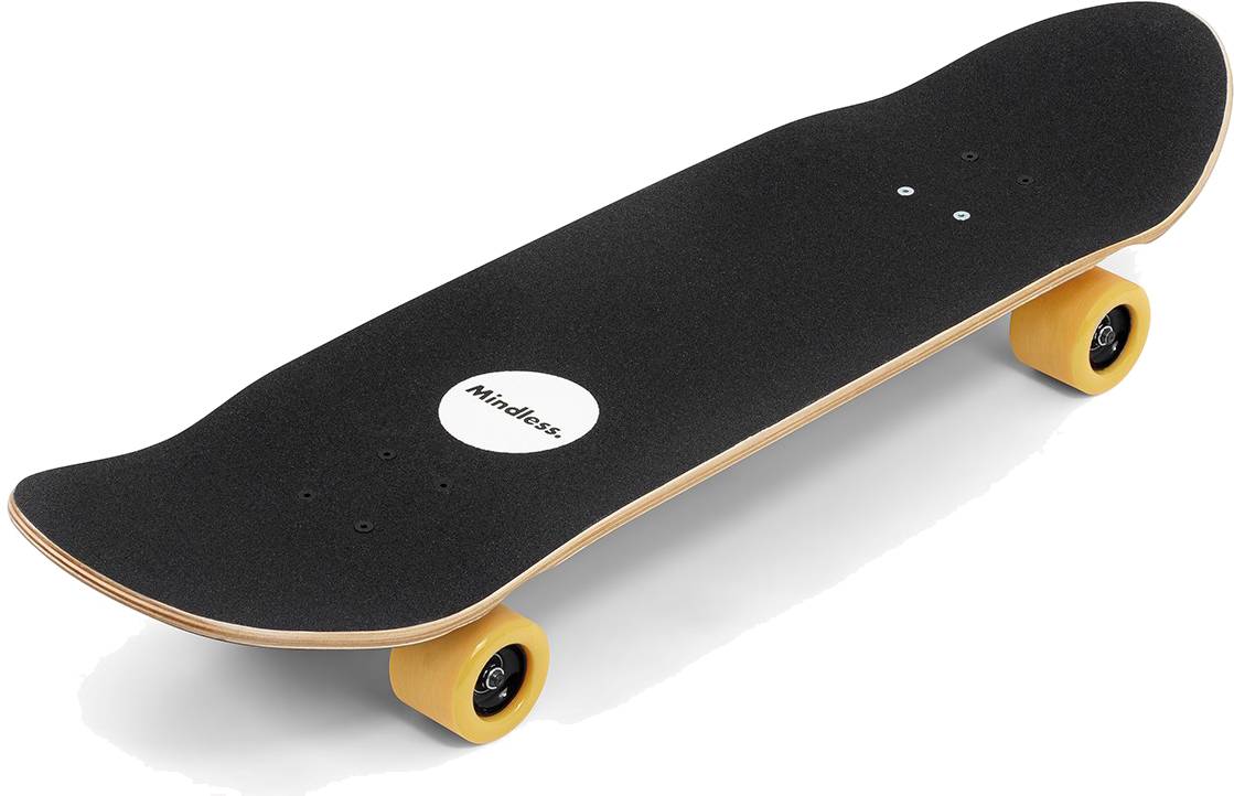 A black Mindless Oasis Cruiser Skateboard 32″ x 9″ features a maple deck, wooden edges, yellow wheels, and a white “Mindless” logo, displayed on a white background.