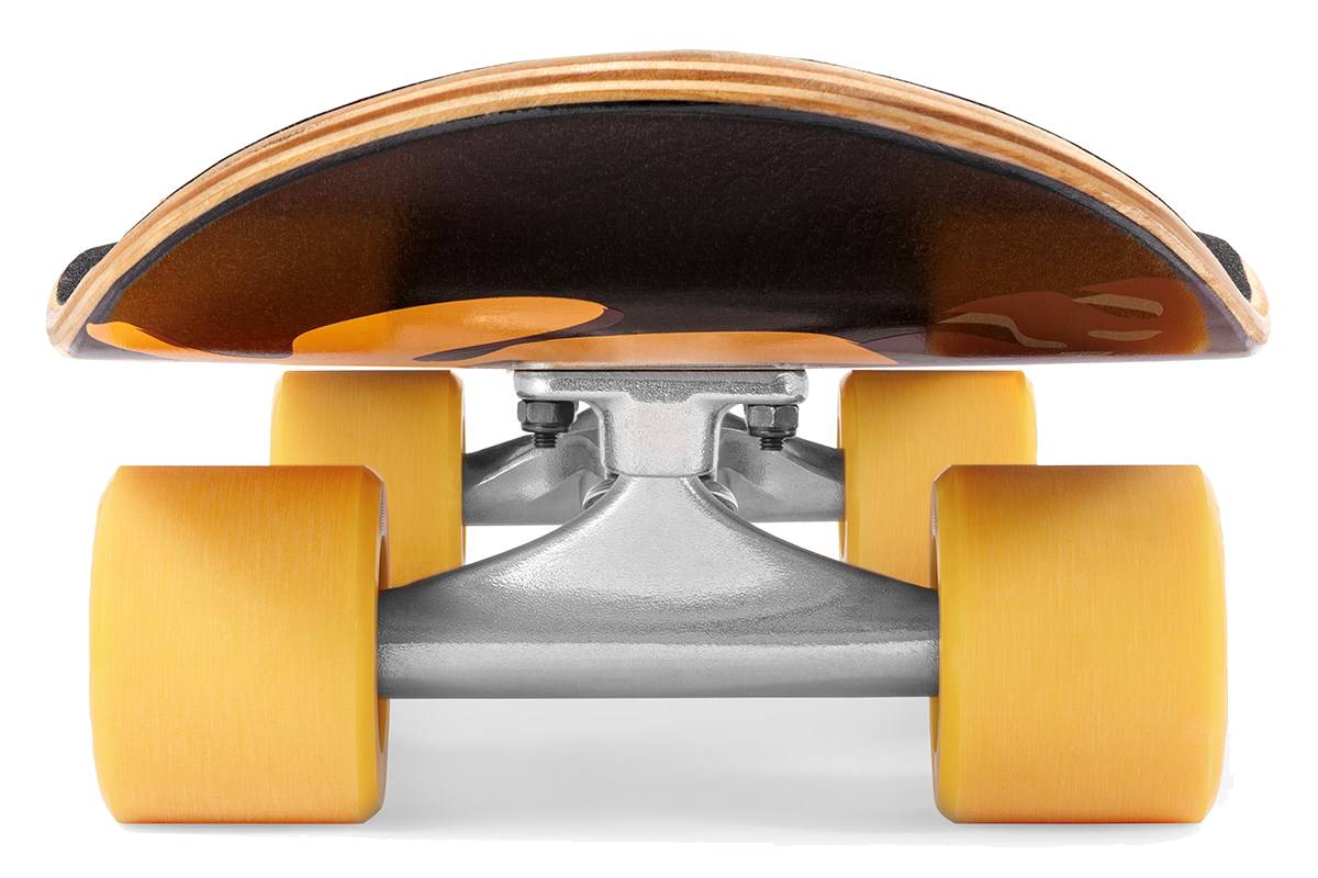 Ground-level close-up of the Mindless Oasis Cruiser Skateboard 32″ x 9″ - Black, featuring its wide orange wheels, silver trucks, and sleek black maple deck.