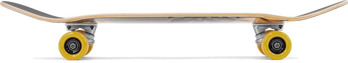 Side view of a Mindless Oasis Cruiser Skateboard 32″ x 9″ - Black with maple deck and yellow wheels, showing the upward curve of the nose and tail.