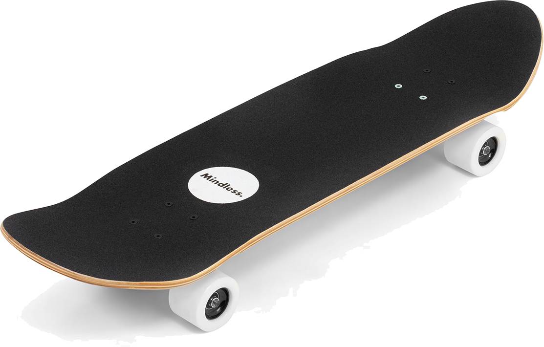 The Mindless Oasis Cruiser Skateboard 32″ x 9″ - Natural features a maple deck, white wheels, ABEC 9 Chrome bearings, and the “Mindless” logo at center, all shown on a white background in classic double kicktail style.