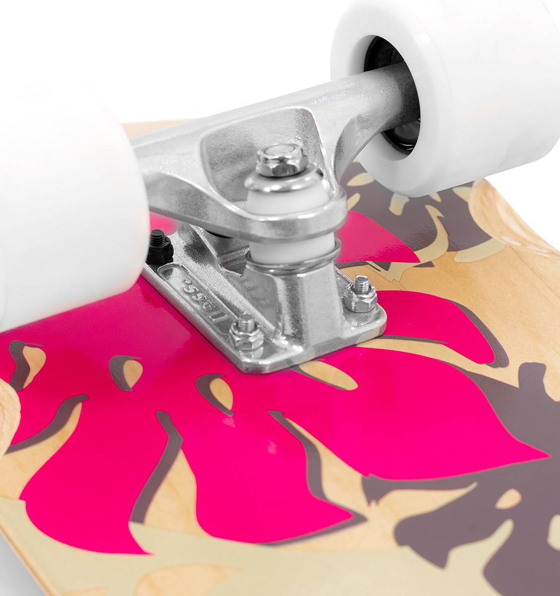 Close-up of a Mindless Oasis Cruiser Skateboard 32″ x 9″ - Natural truck and white wheel with ABEC 9 Chrome bearings, mounted on a maple deck with a pink and brown leaf design.