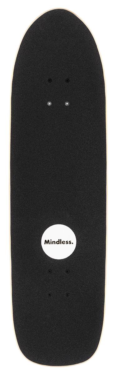 The Mindless Oasis Cruiser Skateboard 32″ x 9″ - Natural features a black maple deck, white circle with “Mindless.” in black, and natural wood edges—ideal for cruising or pairing with ABEC 9 Chrome bearings.