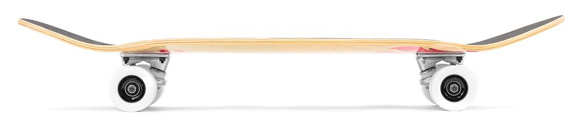 Side view of the Mindless Oasis Cruiser Skateboard 32″ x 9″ - Natural by Mindless, featuring white wheels, ABEC 9 Chrome bearings, and an upward-curved nose and tail against a white background.