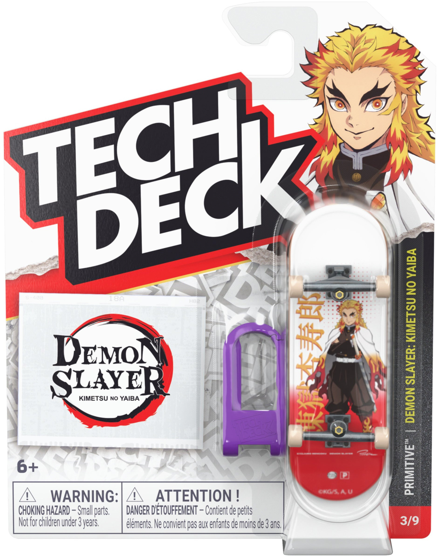 The Tech Deck 96mm M04 Primitive x Demon Slayer Fingerboard - Kyojuro Rengoku is a collectible set from Tech Deck featuring a detailed 96mm fingerboard designed as an authentic skateboard replica. This Demon Slayer-themed mini skateboard showcases Kyojuro Rengoku, includes a purple tool, and comes in packaging with artwork of Rengoku above the “Tech Deck” and “Demon Slayer” logos. Choking hazard warning is displayed at the bottom.