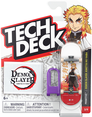 The Tech Deck 96mm M04 Primitive x Demon Slayer Fingerboard - Kyojuro Rengoku is a collectible set from Tech Deck featuring a detailed 96mm fingerboard designed as an authentic skateboard replica. This Demon Slayer-themed mini skateboard showcases Kyojuro Rengoku, includes a purple tool, and comes in packaging with artwork of Rengoku above the “Tech Deck” and “Demon Slayer” logos. Choking hazard warning is displayed at the bottom.
