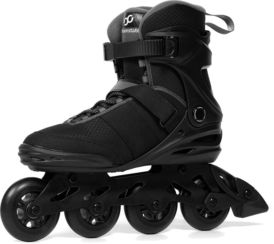 .motion Dreamstate Inline Skates in black with a hard shell, adjustable straps, four wheels, and ABEC 7 bearings.