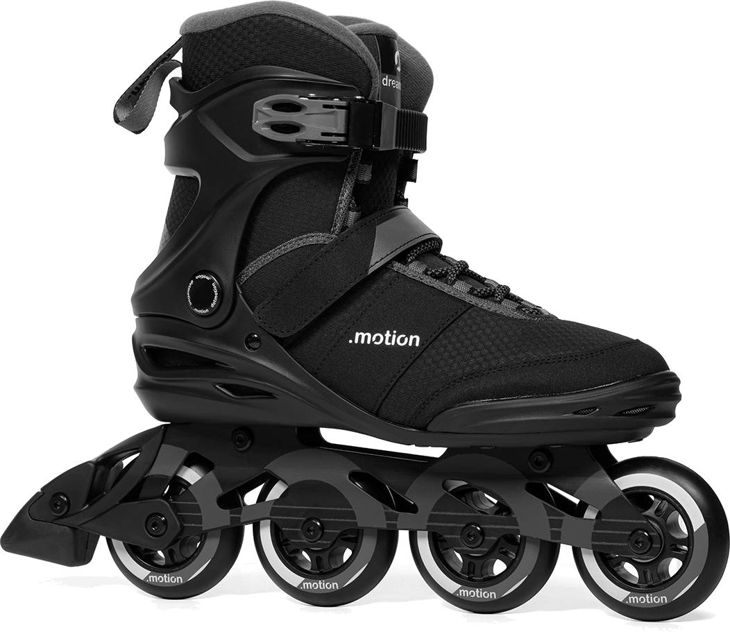 .motion Dreamstate Inline Skates in black, featuring a four-wheel frame, an adjustable ankle strap, and a lace-up boot.