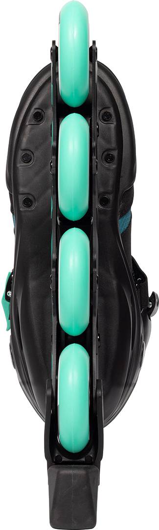 Bottom view of black .motion Dreamstate Inline Skates - Teal with four bright teal 84mm wheels.