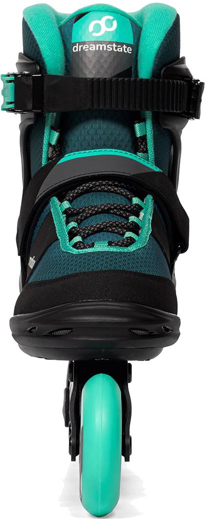 .motion Dreamstate Inline Skates in teal and black featuring a single front wheel, black straps, and laces.
