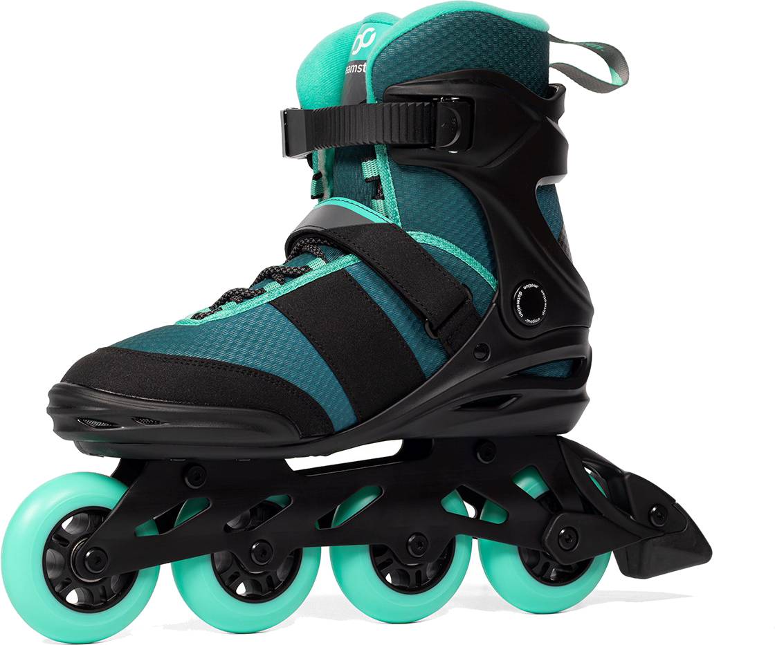 .motion Dreamstate Inline Skates in teal and black, featuring a buckle strap and four matching 84mm teal wheels.