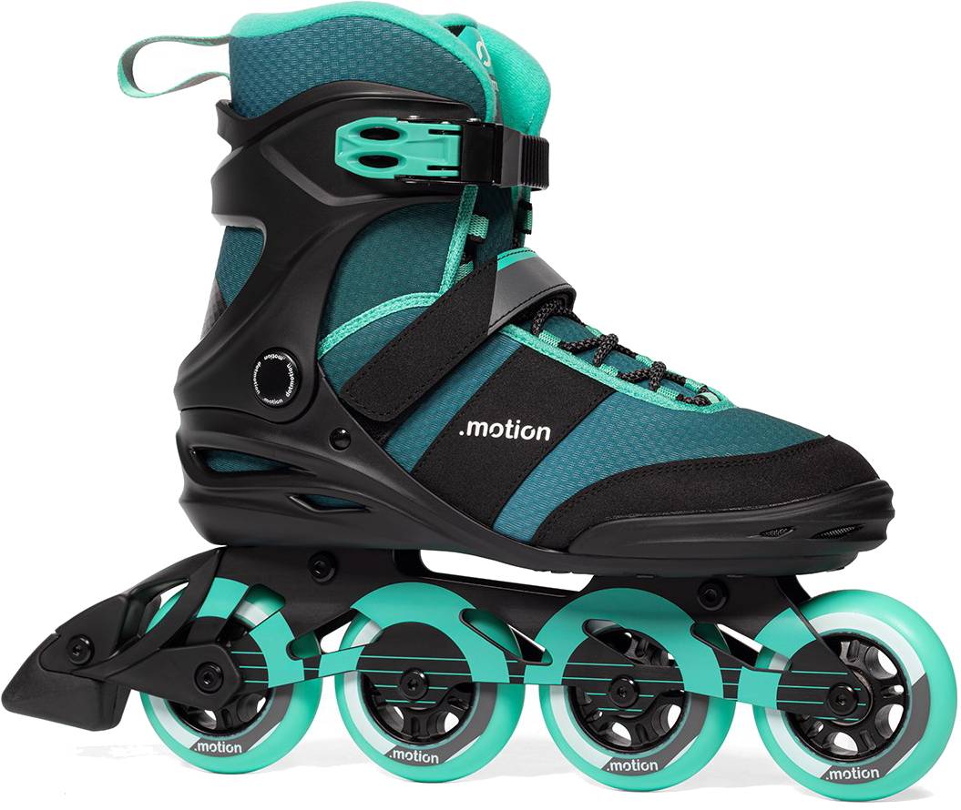 .motion Dreamstate Inline Skates in teal and black, featuring 84mm wheels, a buckled cuff, laces, and four matching teal wheels.