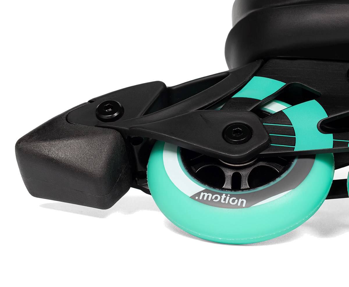Close-up of .motion Dreamstate Inline Skates - Teal showing a teal 84mm wheel with a black frame and a heel brake.