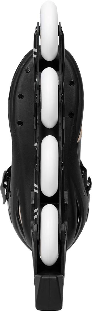 Bottom view of a black pair of .motion Dreamstate Fly Inline Skates with four 84mm PU wheels.