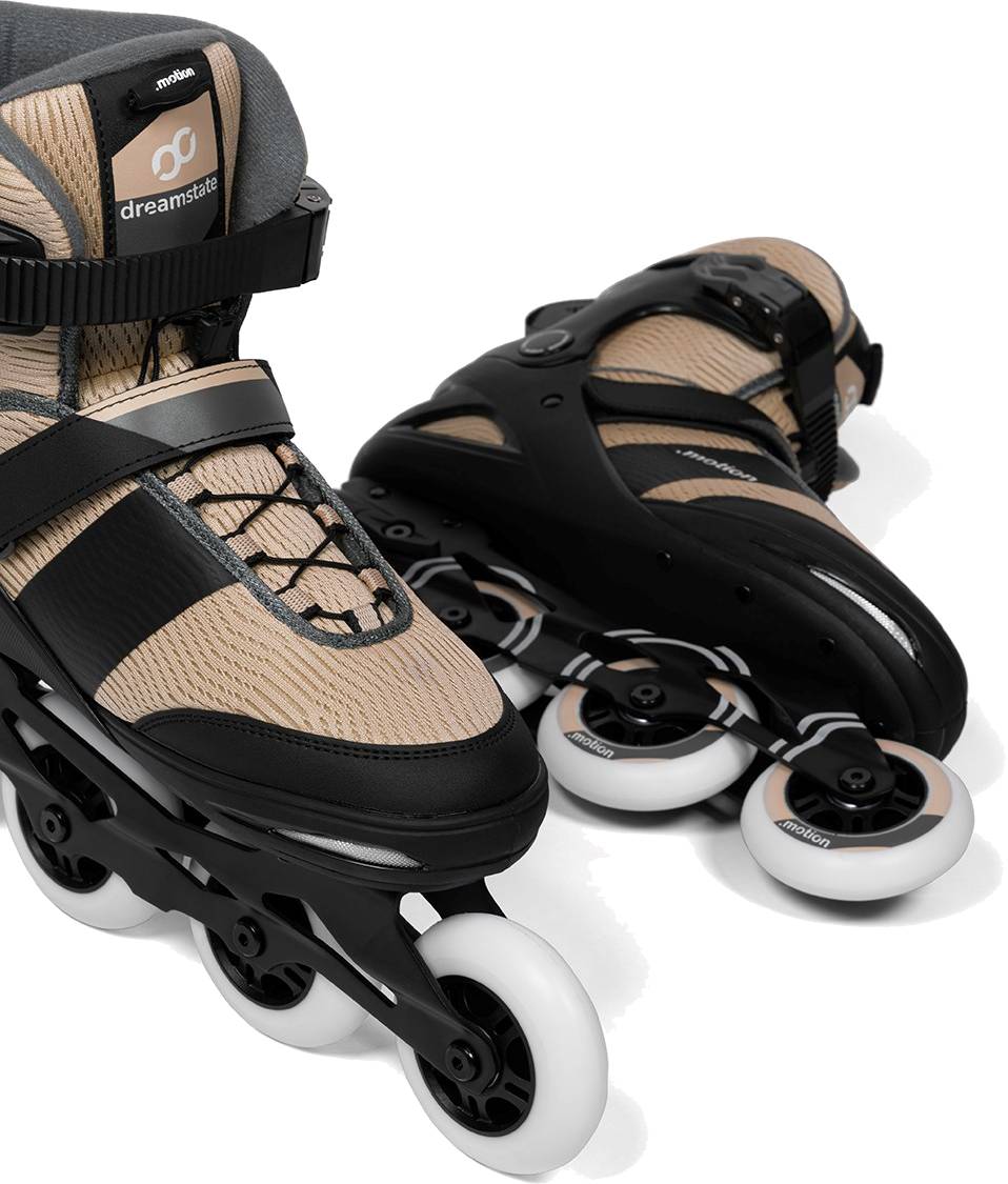 .motion Dreamstate Fly Inline Skates - Sand with tan and black coloring, black frames, and 84mm PU wheels.