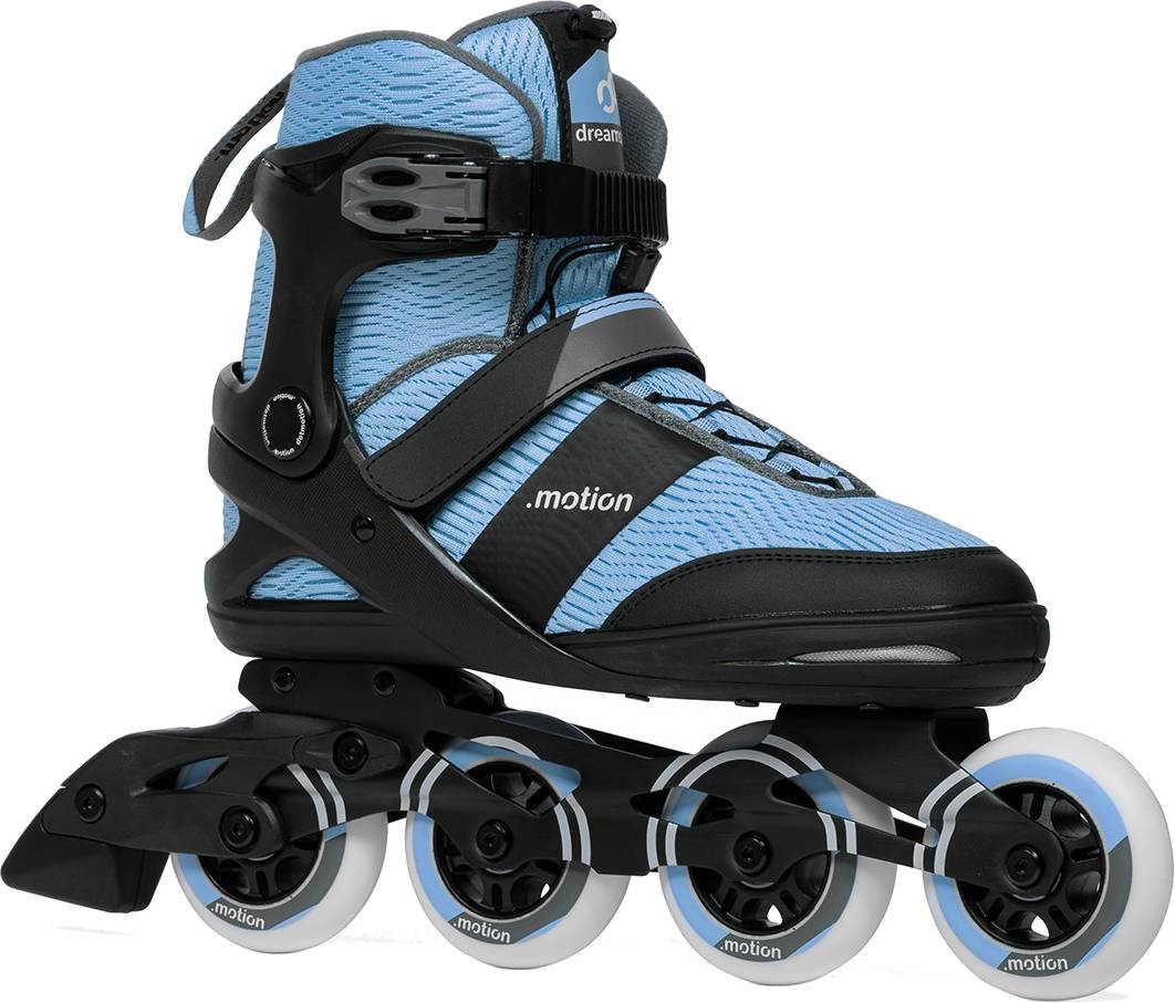 .motion Dreamstate Fly Inline Skates - Sky in light blue and black, featuring four 84mm PU wheels and a buckle and strap closure.